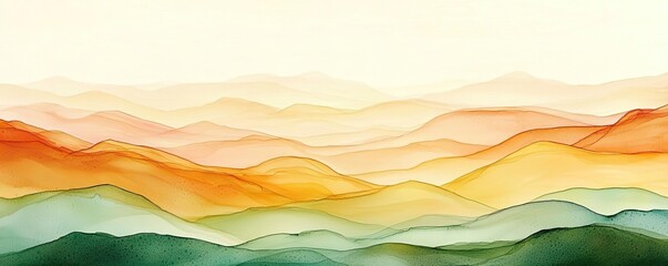 Poster - Digital watercolor painting abstract background idea. A serene depiction of rolling hills and gentle mountains in warm hues.