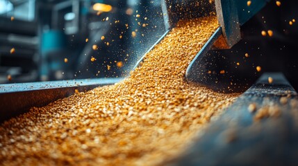 Poster - Yellow granules are being efficiently processed on a conveyor belt in a petrochemical manufacturing facility. The automated system enhances production speed and accuracy.