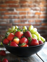 Aufkleber - Fresh fruit bowl with vibrant strawberries and green grapes in rustic kitchen setting
