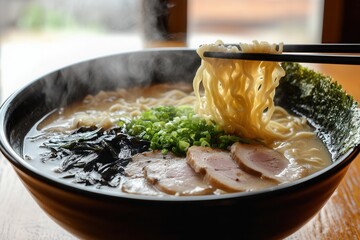 Aufkleber - Delicious bowl of steaming ramen with pork, seaweed, and green onions prepared with chopsticks at a cozy dining spot