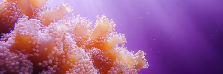 Wall Mural - close-up of vibrant coral underwater against a purple background- wide banner