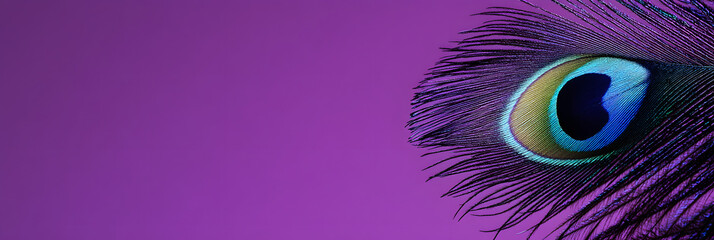 Wall Mural - macro image of a peacock feather - displaying a vibrant - natural texture wide banner - purple backg