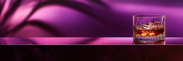 Wall Mural - crystal glass of aged whiskey on a reflective surface with a vibrant purple backdrop - wide banner