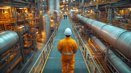 Poster - A worker in an orange jumpsuit and hard hat stands on a catwalk, observing intricate machinery and pipelines in a large petrochemical refinery.