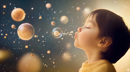 Wall Mural - a young child blowing bubbles that transform into tiny floating planets filled with miniature civili