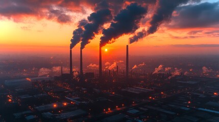 Poster - At sunset, a manufacturing facility showcases multiple tall chimneys emitting smoke into the sky.