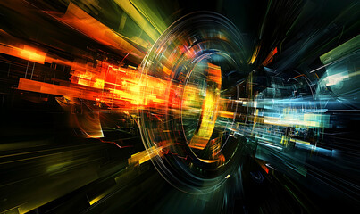 Technological abstract backdrop with dynamic shapes and vibrant colors, reflecting modern digital advancements.