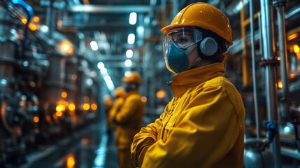 Aufkleber - Workers in safety gear stand in a petrochemical refinery, focusing on operations. Bright orange lights illuminate the industrial environment as machines process chemicals.