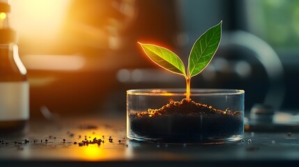 a glowing sprout nestled within a petri dish amidst micro particles symbolizes the innovative power 