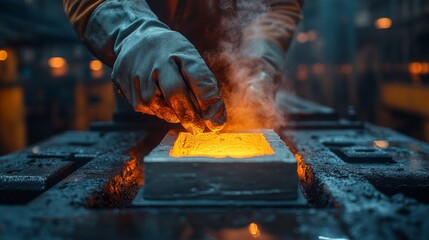 Poster - Workers are engaged in pouring molten metal into molds within a busy factory. The atmosphere is filled with steam and the glow of heated metal, creating an industrial ambiance.