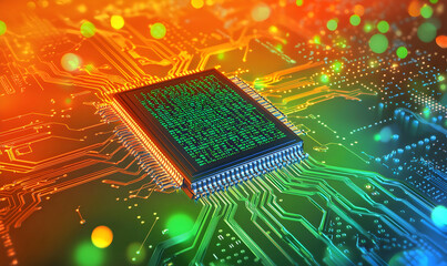 Dynamic 3D circuit board illustration with futuristic code processing, showcased in an abstract, colorful tech setting.