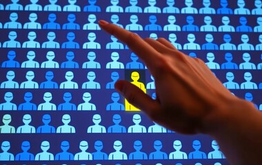 Fototapete - Hand Interaction With Digital User Interface, Showing A Crowd, Selecting An Individual From Many. A Symbol, One Highlighted, Is Chosen On A Glowing Screen. Digital Interface, For Communication Or