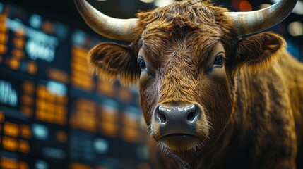 Fototapete - A powerful bull is showcased prominently in front of a large digital stock market display filled with various financial data and trends. The atmosphere combines agriculture with finance.