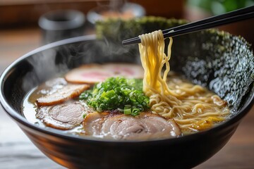 Aufkleber - Delicious bowl of steaming ramen with tender pork and fresh green onions captured in a cozy setting