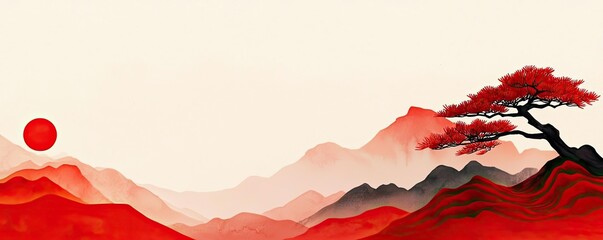 Poster - Ink illustration abstract background concept. Stunning red landscape featuring mountains, a tree, and a rising sun.