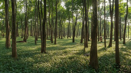 Wall Mural - sunlight dappled clearing between tall slender trees of an evergreen forest