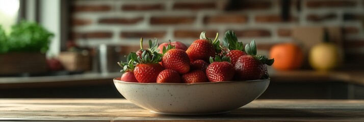 Aufkleber - Fresh fruit bowl with strawberries and rustic kitchen background arranged beautifully on a wooden table