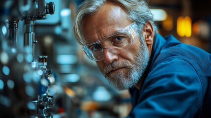 Fototapete - A dedicated engineer inspects advanced machinery in a manufacturing facility. The environment reflects modern industry with metal equipment and tools. Safety gear is worn for protection.