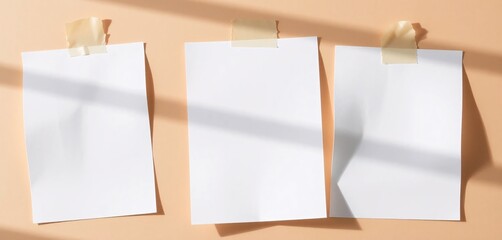 Poster - Blank White Papers, Taped To A Wall Display. Three Sheets, Slightly Askew, Create Depth With Soft Shadows. Presentation Concept With Empty Pages, Ready For Your Design.
