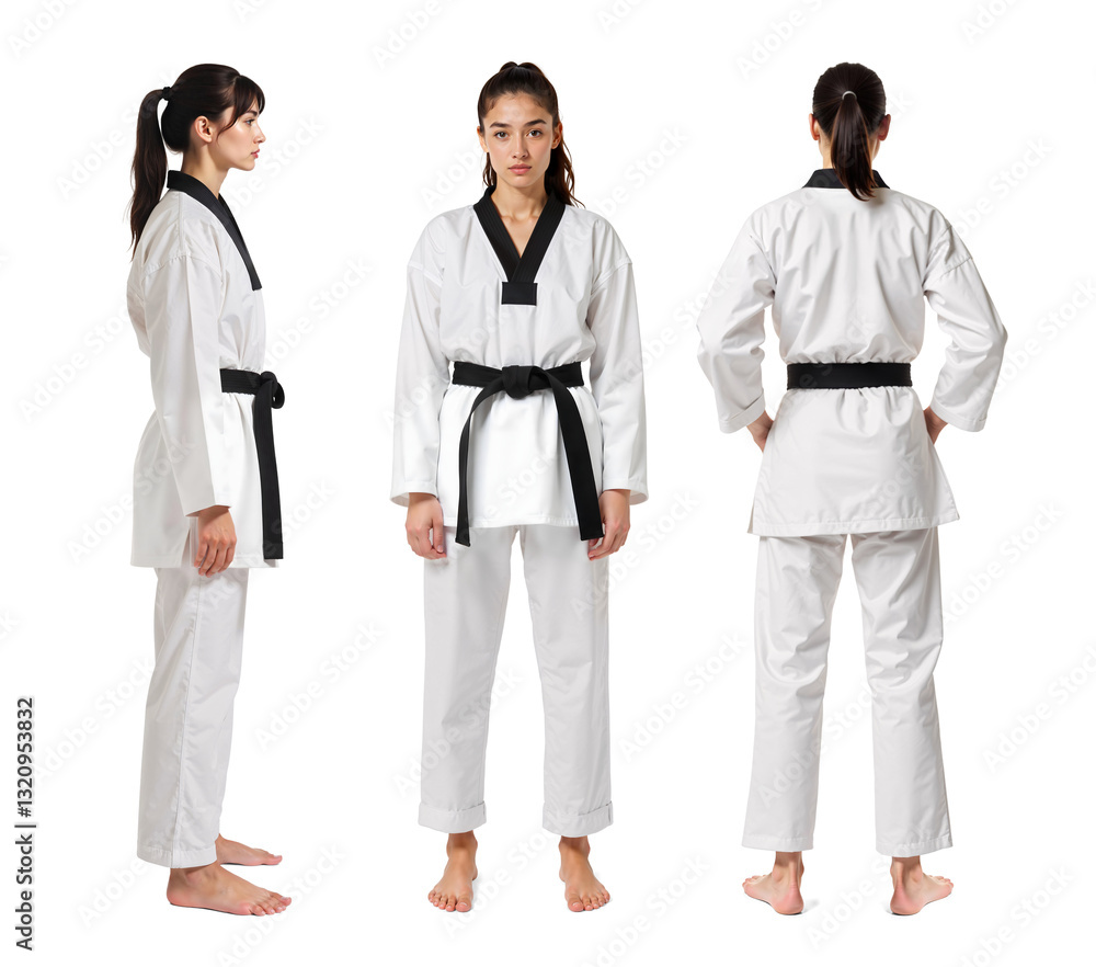 Female Taekwondo athletes in three different view, front side and back ...