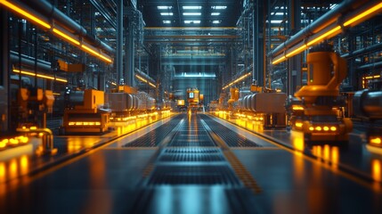 Poster - High-tech robots and machinery operate in a well-lit petrochemical refinery, focusing on manufacturing and processing with precision and speed.