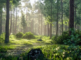 Wall Mural - sunlit forest path, serene green landscape with natural sunlight