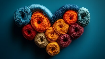Wall Mural - Bright sewing thread rolls forming a heart shape on a blue surface