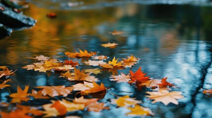 Wall Mural - autumn's reflections, fallen leaves floating serenely on water surface