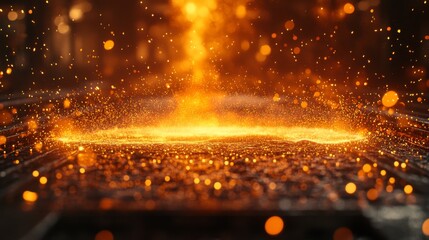 Fototapete - Molten metal is poured into molds in a modern manufacturing plant, showcasing automation and engineering techniques in metallurgy. The scene captures the intense heat and vibrant sparks.