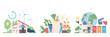 © LadadikArt - Eco daily habits flat concept. Eat organic farm food and drink clean water, economy energy, using recycled items. Healthy lifestyle recent vector scenes