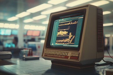 An old vintage computer monitor displays lines of yellow code on a blue screen, reminiscent of early 1980s technology and retro computing aesthetics.