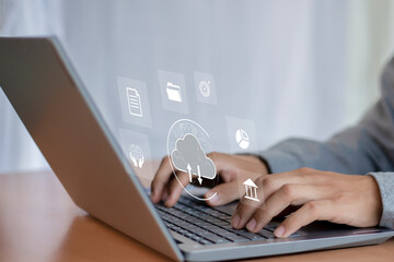 Wall Mural - cloud computing shown in hand cloud technology data storage, data transfer, network and internet ser