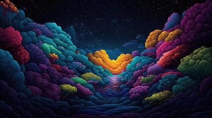 Poster - Vibrant color art abstract background concept. Vibrant abstract landscape showcasing colorful clouds in a cosmic atmosphere.