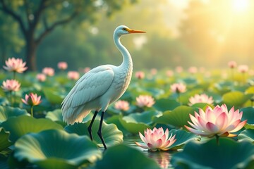 there is a white bird standing in a field of water lilies
