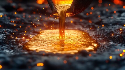 Fototapete - Molten metal flows from a casting ladle into a mold at a manufacturing site specializing in steel and aluminum production, showcasing metallurgy in action.