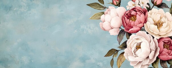 Poster - Pastel color illustration abstract background idea. Beautiful floral arrangement featuring peonies in soft pink and white hues against a blue backdrop.