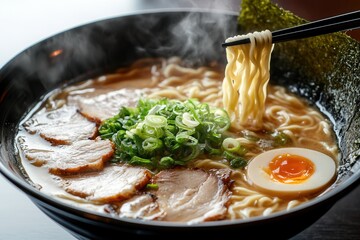 Aufkleber - Steaming bowl of ramen with pork, seaweed, and green onions displayed with chopsticks in a cozy dining setting