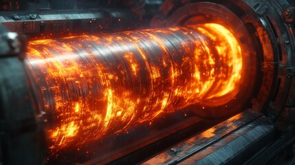 Fototapete - Molten steel and aluminum flow through a large industrial machine, demonstrating the manufacturing process in an automated factory. Bright orange and yellow colors illuminate the environment.