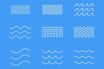 Ocean, sea waves flat simple lines set