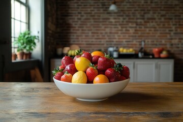 Aufkleber - Fresh fruit bowl arranged on wooden table in rustic kitchen with brick walls near window
