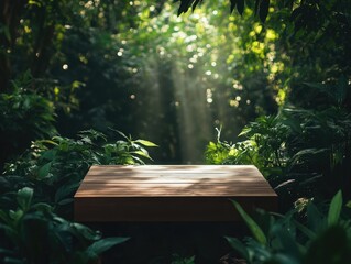Wall Mural - sunlit wooden platform amidst lush foliage in tranquil forest scene