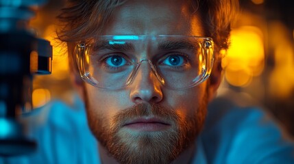 Fototapete - An engineer with safety glasses closely inspects metal components inside a manufacturing facility. Bright industrial lighting highlights the environment.