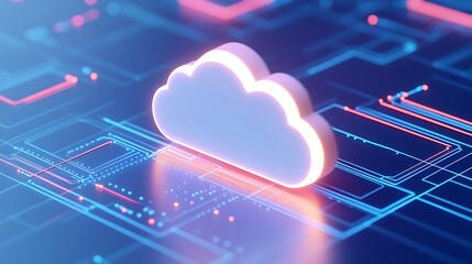 Wall Mural - digital cloud icon on futuristic background with abstract lines and neon glow in technology and data