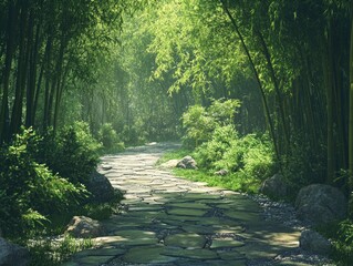Wall Mural - tranquil stone pathway winding through lush green bamboo forest