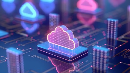 Wall Mural - futuristic cloud computing concept with neon lights and digital data circuits in blue and pink tones
