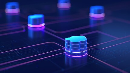Wall Mural - futuristic data storage concept with 3d database icons and neon connections in a dark digital enviro