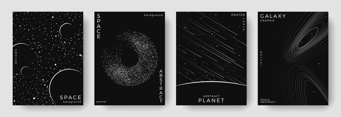 Wall Mural - set of abstract space astronomy backgrounds. linear galaxy, meteorites, planet, solar system. black 