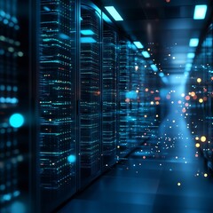 Data center server room, glowing lights, digital technology, network infrastructure, website background
