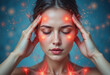 © Leonardo - Mujer con las manos presionando sus sienes, con puntos rojos brillantes esparcidos por todo su cuerpo, que representan el dolor generalizado característico de la fibromialgia