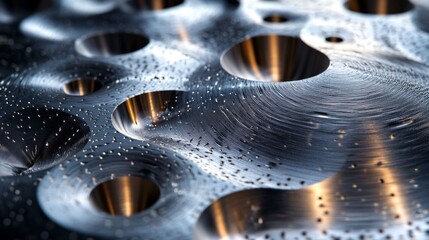 Fototapete - Detailed view of a machined metal surface featuring precision holes and intricate patterns. The reflections highlight the quality of engineering in a manufacturing environment during daytime.